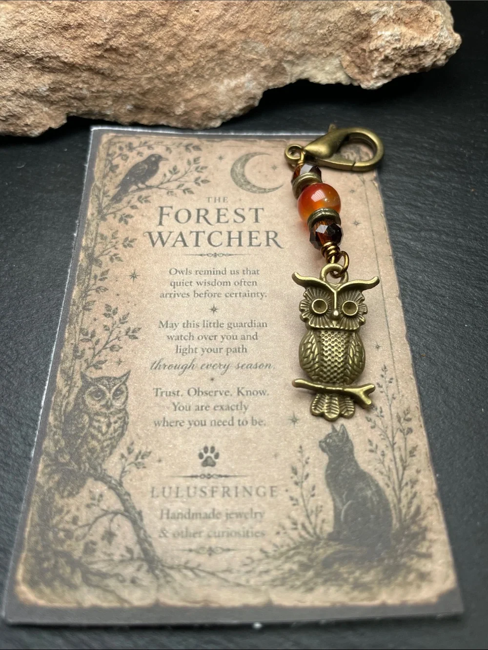 Forest Watcher™ Little Curiosity – Owl Keepsake Carnelian Charm Bag, Zipper Pull
